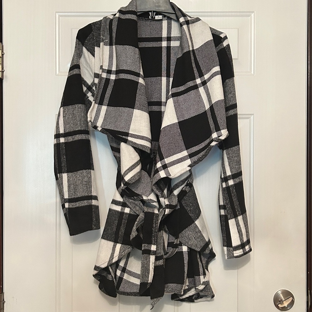 Buffalo Plaid Belted Jacket L Black/White Wrap Lagenlook Career Outdoor Classic